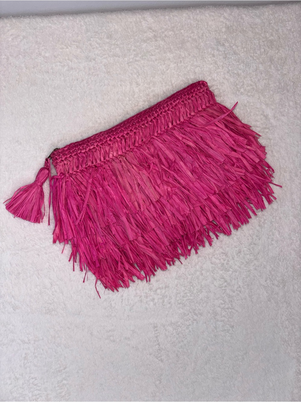 Pink Shaggy Raffia Fringe Clutch bag Lisi Lerch resort maximalist sophisticated - Picture 7 of 10